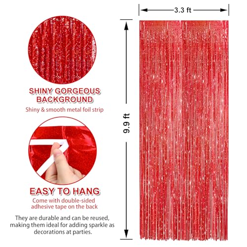 Image of Crosize 3 Pack 3.3 x 9.9 ft Laser Red Foil Fringe Curtains Party Decorations, Laser Red Tinsel Curtain Backdrop for Parties, Door Streamers, Glitter Streamer Backdrop for Birthday Decoration