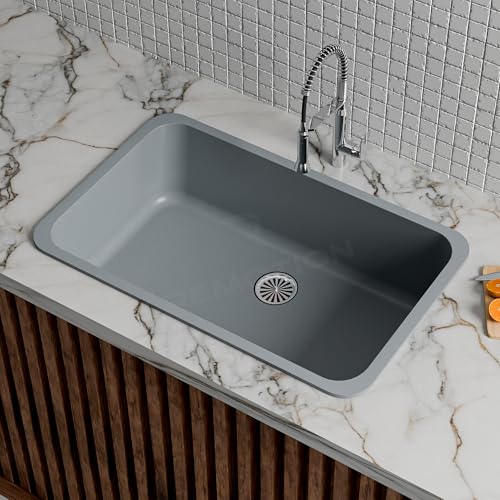 Image of REMOTION Granite Quartz Singke Bowl Kitchen SInk | Matte Finish Kitchen Sink With Drain Board and Drainer Basket | Modern Sink for Kitchen (31 x 19 x 9 Inch) (Grey)