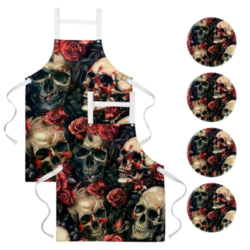 Tablier de cuisine rose rouge crâne avec broches pour travail en restaurant