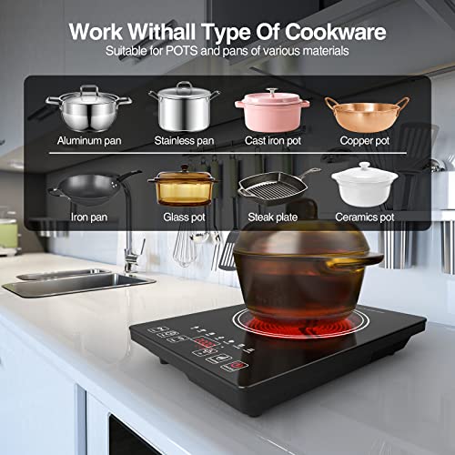 POTFYA Electric Cooktop 220V, 2000W Single Burner Electric Hot Plate with Plug 15A,8 Power Levels Electric Stove Top, Led Display, Kids Lock & Timer, Induction Cooktop for all Pans - Image 7
