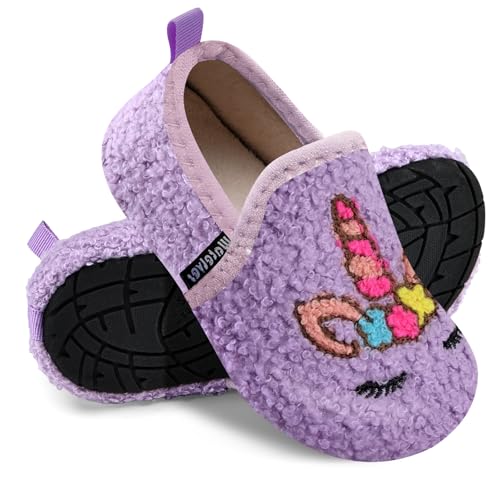 WateLves Kids Toddler Slippers Boys Girls House Shoes Slip on Sock Slippers Lightweight Winter Indoor Outdoor Walking Shoes(Purple Unicorn,34/35)