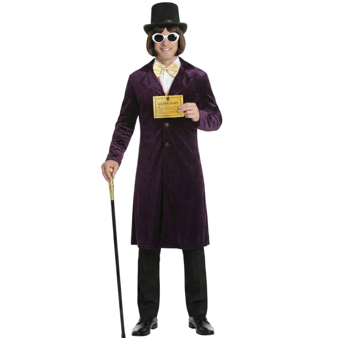 Adult Factory Boss Costume Complete Set with Brown Wig Black Top Hat Gold Cane Golden Ticket White Glasses Fancy Dress Outfit for Halloween Cosplay Theme Parties