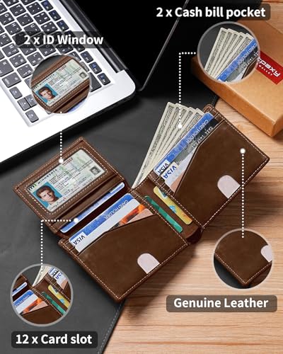Image of Artpaxy Mens Wallet Bifold Genuine Leather RFID Blocking Wallet for Men with 2 ID Windows 12 Card Holders 2 cash pockets 1 Gift Box