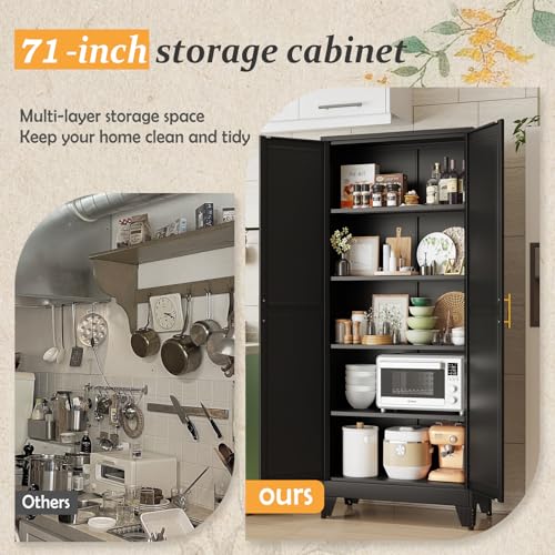 Image of Black Pantry Storage Cabinet,71 inch Kitchen Pantry with Doors and 4 Adjustable Shelves, Metal Storage Cabinet, for Office, Home, Garage, School