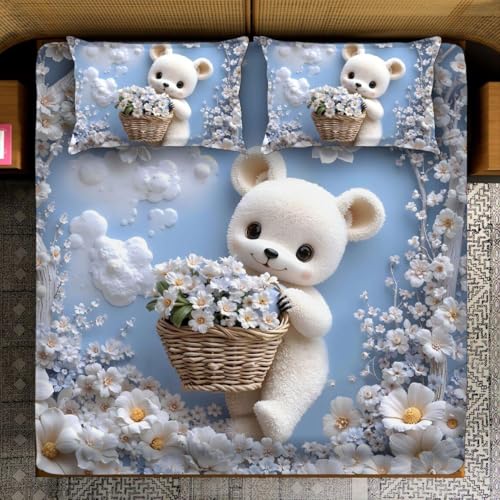 Image of Dream Living Real Look 7D Design Queen Size Bedsheet (228x254 Inch) with 2 Pillow Covers (19x29 Inch) (7D-Design-(Teddy-Basket))