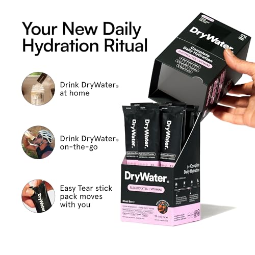 Image of DryWater Electrolyte + Vitamin Hydration Powder Packets - Mixed Berry, 1,000mg Potassium, Real Organic Fruit, NSF Certified for Sport, Nothing Artificial, No Added Sugar (12 Stick Packs)
