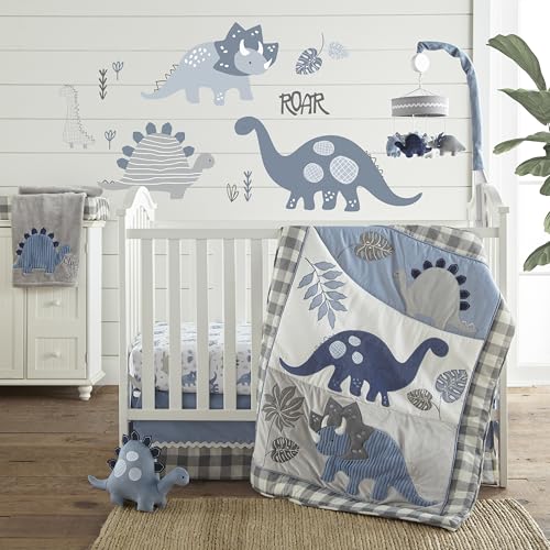 Image of Levtex Baby - Kipton Crib Bed Set - Baby Nursery Set - Grey, White and Blue - Dinosaurs and Leaves - 4 Piece Set Includes Quilt, Fitted Sheet, Wall Decal & Skirt/Dust Ruffle
