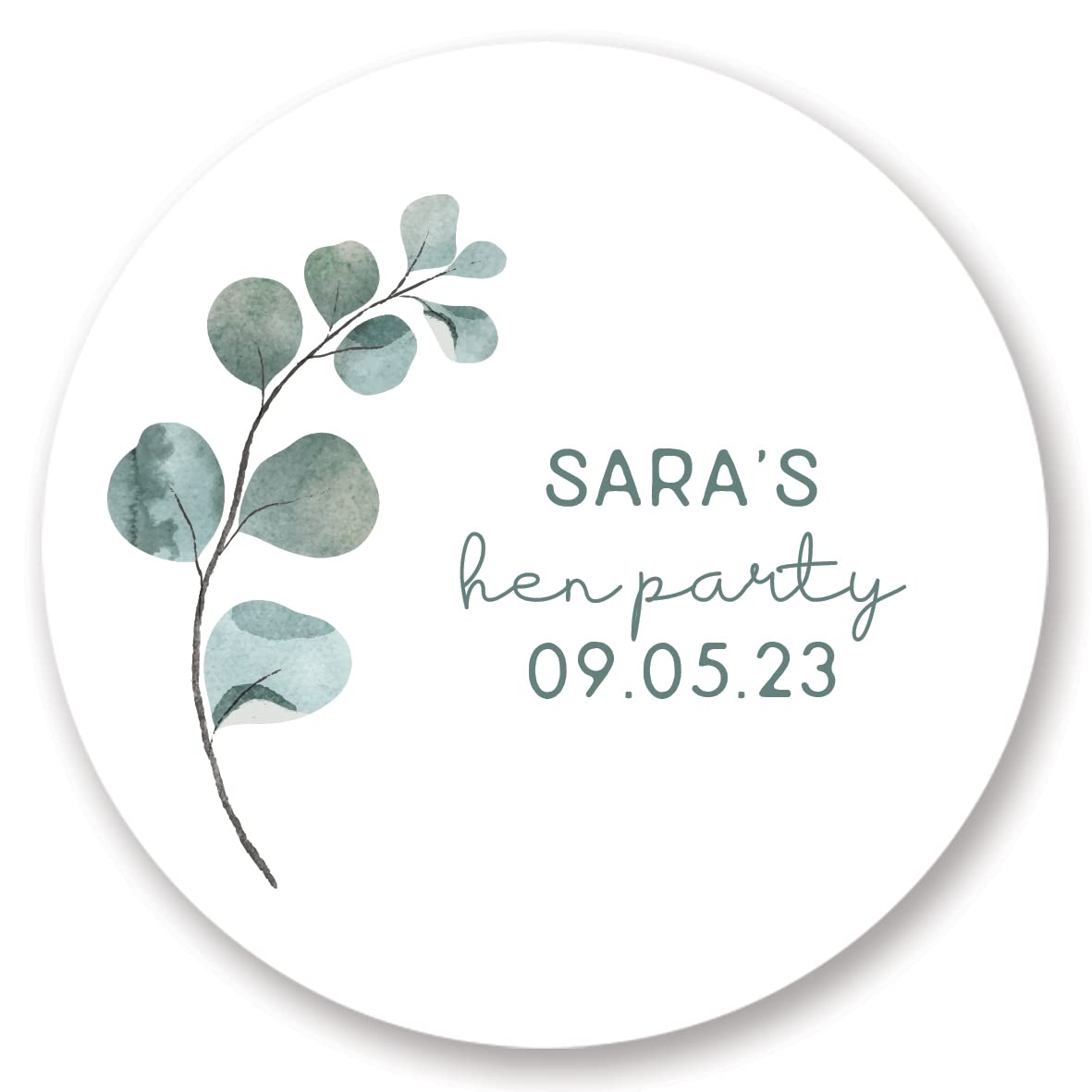 Personalised Hen Party Favour Stickers/Labels - Natural Boho Green Eucalyptus Design (45mm (24 per Sheet), Personalised Hen Party)