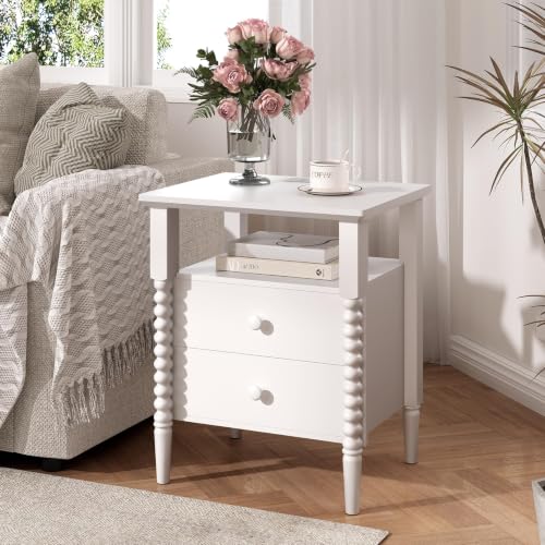 Image of JOINICE White Nightstand with Charging Station, Jenny Lind Spindle Style | Bedside Table for Bedroom, Living Room, Kids Room, End Table with 2 Large Drawers Solid Wood Legs, Easy Assembly
