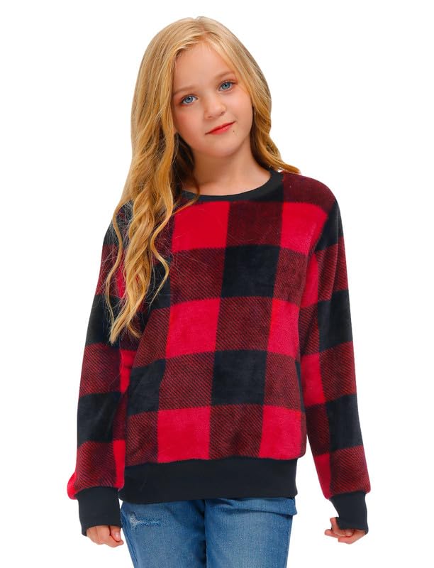 BesserBay Kids Christmas Black and Red Buffalo Plaid Fuzzy Fleece Pullover Casual Warm Sweatshirt 6-14 Years