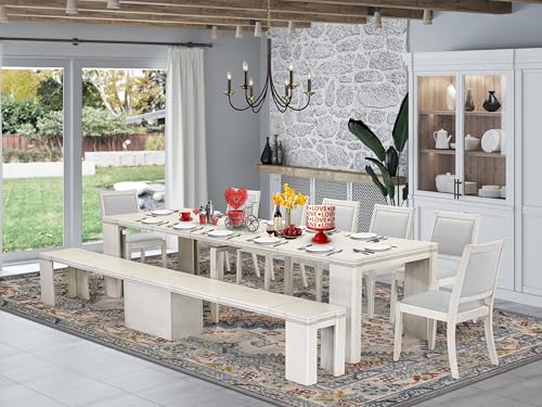 Image of X07X2-B0W-27 - 9-Pc Kitchen Table Set includes an Extendable Rectangle Kitchen Table, 7 Stackable Polyester Fabric Chairs and 1 Modern Bench, 39x120 Inch, Antique White