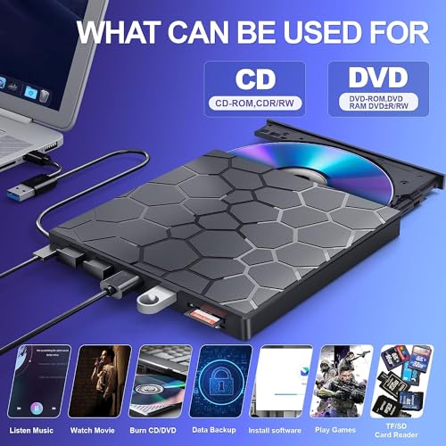 Image of External CD /DVD Drive, DVD Player for Laptop, 8 in 1 USB 3.0 Ultra-Slim Portable, CD Burner External Disk Drive Optical Compatible with Laptop Desktop Mac,Windows 11 /10 /8 /7 Linux