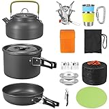VINTEAM 21PCS Kit de Utensilios de Cocina para Camping con Estufa Plegable Portátil, Sartén Antiadherente, Taza y Platillo de Acero Inoxidable Utensilios para Camping Mochilero Ideal para 2-3 Personas
