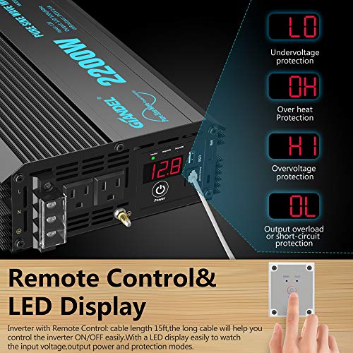 Pure Sine Wave Power Inverter 2200Watt DC 12volt to AC 120volt with Dual AC Outlets and 2.4A USB Port & LED Display Remote Controller for RV Trucks Boats and Emergency【3 Years Warranty】 - Thumbnail 6