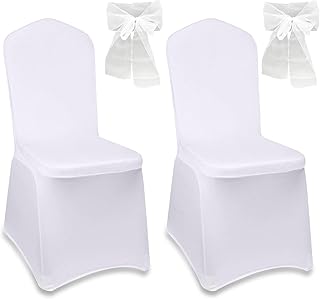2 Stück Stuhlhussen Weiss, Stuhlhussen Hochzeit mit 2 Weiß Schleifen, Stretch stuhlschleifen für Hochzeit, Party, Hotel, Restaurant