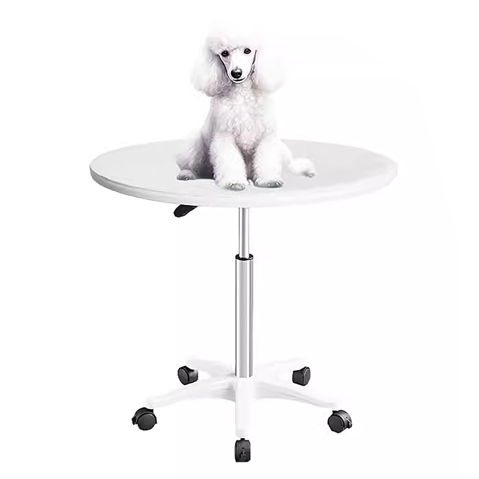 Giratorio Mesa de Peluquería para Mascotas Mesa Peluqueria Canina Elevable 59-80cm, Tablero de Madera y Marco de Acero Inoxidable con Alfombrilla de Goma(White)