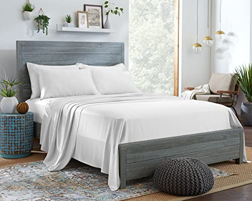 Stylinen 100% Organic Eucalyptus Bed Sheets Queen Size 4 Piece Set, Tencel Lyocell, Silky Soft & Smooth, Breathable, 16 Inch Deep Pockets, 1 Fitted, 1 Flat, 2 Pillowcases (Queen, White)