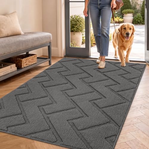 Image of hicorfe Front Door Mat Outside Entrance,36 inchx59 inch Absorbent Muddy Dirt Resist Welcome Door Mats Outdoor Indoor,Stain and Fade Resistant,Non Slip Backing Entry Mat Doormat for Entryway(Grey)