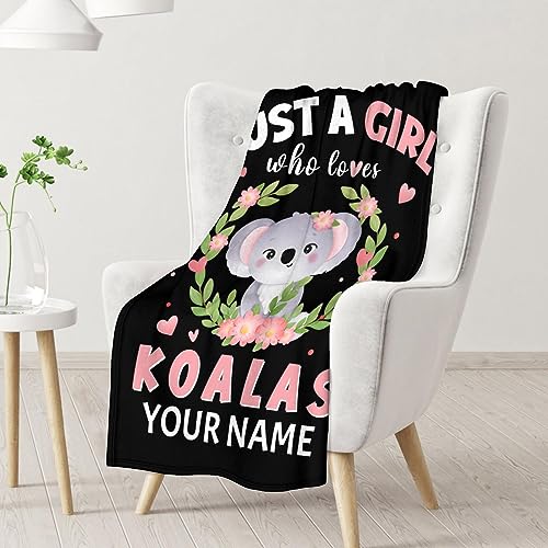 Personalized Koala Blanket Gifts with Name - 30"x40" Cute Throw for Women, Girls - Black Soft Fuzzy Blankets for Couch & Office
