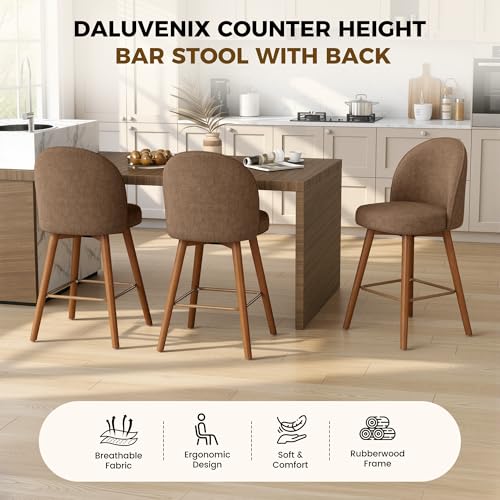 Image of Modern Swivel Bar Stools Set of 2, Chic Upholstered Counter Height(26IN) Bar Chair with Back, Solid Wood Legs and Footrest, Comfortable Chenille Bar Stool for Kitchen Island, Chestnut Brown