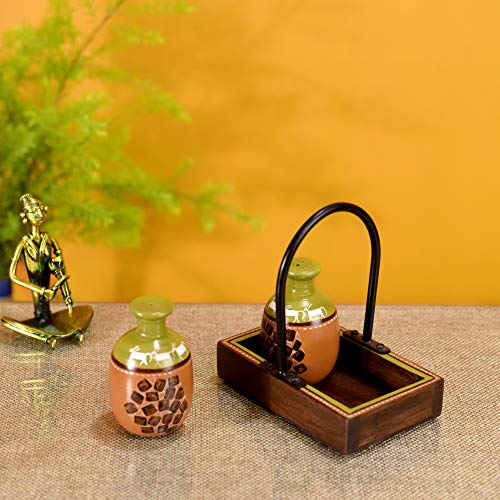Image of Aakriti Art Creations Asmi Earthen Salt & Pepper Shaker Set with Wooden Tray | Handcrafted Abstract Art Ceramic Dispenser Set | Dining Table Salt Pepper Set | Kitchen Decoration Items Stylish