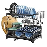 QINFZY Large Dish Drying Rack with Drainboard Set, Dish Drainers for Kitchen Counter, 2 Tier Black Metal Dish Rack, Dish Drainers with Water Cup Holder, Utensil Holder, Drying Rack for Dishes