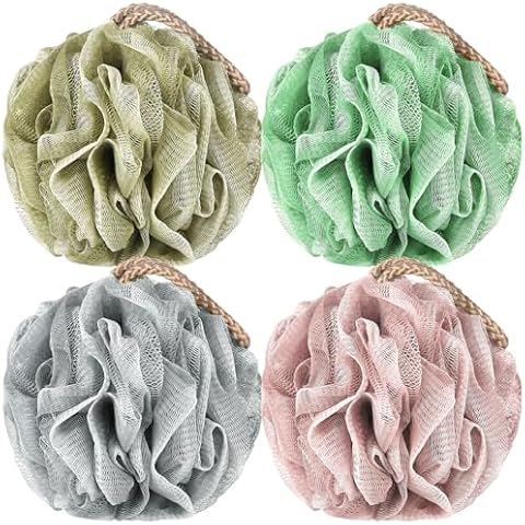 Loofah Sponge Pack of 4, Deep Cleansing Body Scrubber for Shower, Exfoliating Bath Sponge with Handle for Women and Men (001, 50g) Cover