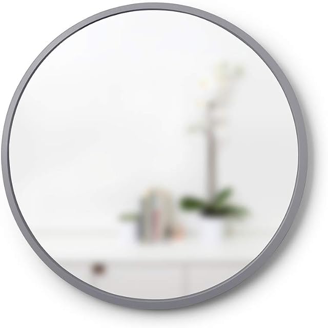 Umbra Hub 24 Round Wall Mirror With Rubber Frame, Modern Room Decor for Entryways, Washrooms, Living Rooms and More, Grey