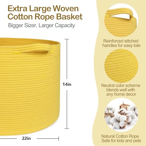Image of MEGASKET Extra Large Yellow Basket, 22 inch X 22 inch X 14 inch Cotton Rope Yellow Decor for Living Room Bedroom, Woven Basket for Blanket, Laundry, Towel, Shoe, Baby Nursery Toy Organizer, Room Decor Storage Bin