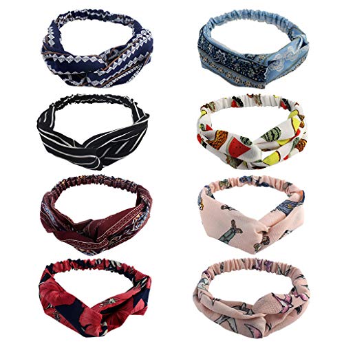 HOVEOX 8 Pack Boho Headbands for Women Vintage Flower Printed Crossed Elastic Hairband Chiffon Hoop Cute Hair Accessories for Fashion Sport and Daily