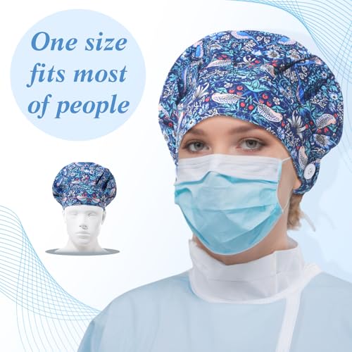 Image of Geyoga 5 Pcs Bouffant Caps with Buttons for Nurse Adjustable Bouffant Turban Hats with Sweatband for Women Men 5 Styles