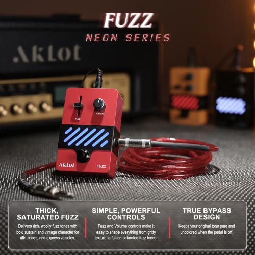 Image of AKLOT Fuzz Electric Guitar Pedal: Thick Vintage Fuzz with Rich Saturation, Dynamic Touch-Responsive Gain, Volume Control, Mini Guitar Effect Pedal with True Bypass, NEON Inferno