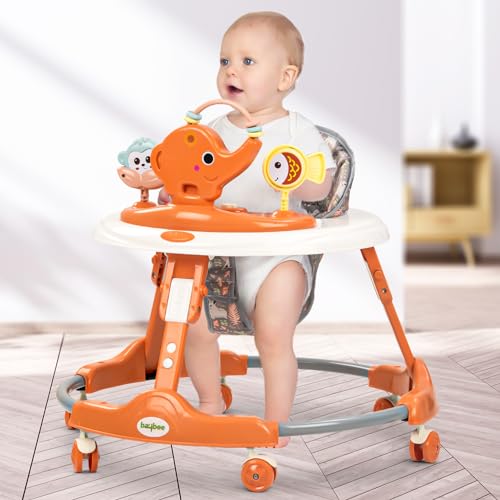 Baybee Elento Baby Walker for Kids, Foldable Round Kids Walker with 2 Height & 3 Seat Adjustable | Activity Walker for Baby with Musical Toy Bar | Push Walker Baby 6-18 Months Boys Girls (Orange)