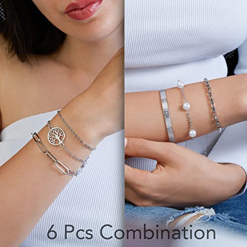 Image of 14K Gold and Silver Plated Layered Bracelet Sets, 6 Pieces, Adjustable Layered Link Bracelets Sets, Stainless Steel, no gemstone