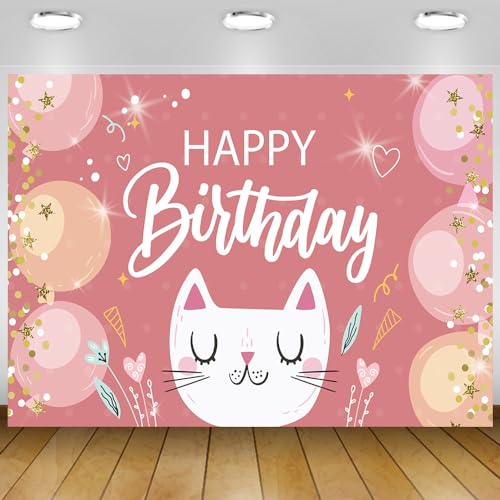 5x3Ft Cartoon Cat Happy Birthday Banner Pink White Cat Backdrop G...
