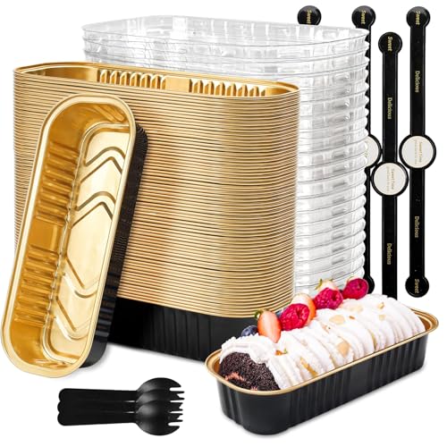 Hikrxya Paquete de 60 mini moldes para hornear pan con tapas y cucharas, 200 ml, reutilizables, rectangulares, de aluminio, con adhesivo de sellado para postre, pan, boda, picnic, fiesta de cumpleaños