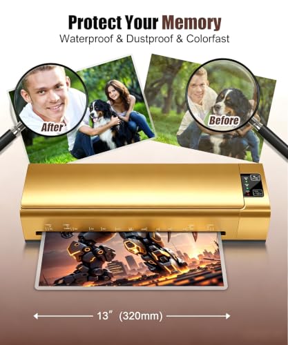Image of 13 Inch Laminator Machine, A-3 9-in-1 Thermal Laminator with Sheets for Hot & Cold Laminating Machine, Features Fast 60-Sec Warm Technology and Never-Jam Design for Home,Office,or School Use (Gold)