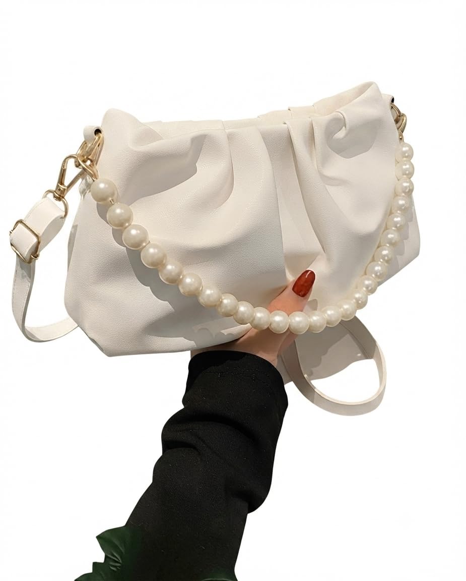 White Ruched Shoulder Bag with Pearl Chain Handle-picture-45