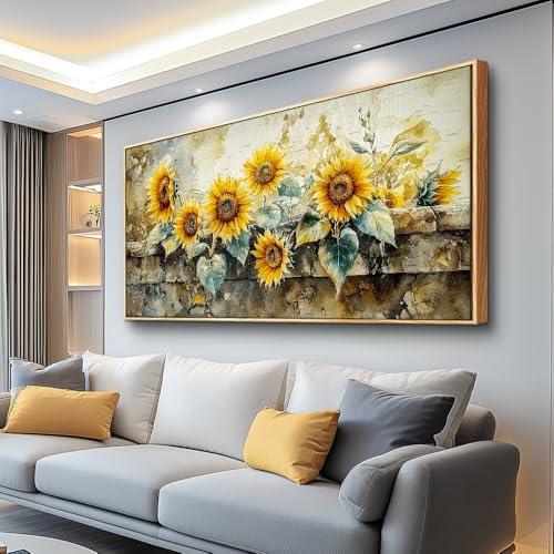 ERQINHUA Large Wall Decor Canvas Painting Wall Art For Living Room Decor Vintage Yellow Sunflower Painting Wood Frame DecorPrint Artwork For Dining Room Bedroom Bathroom Kitchen Home Decor 24x48 In