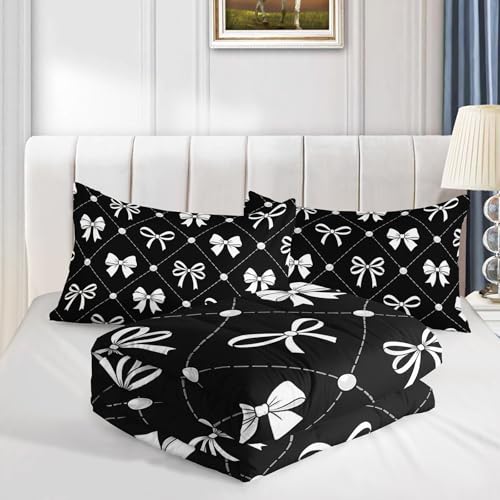 Image of AILONEN Charcoal Bowtie Comforter Full 3 Piece Chic Tape Bedspread Ultra Soft Padded Shell Teens Cool Room Decoration Fashionable Geometric Quilt 2 Shams