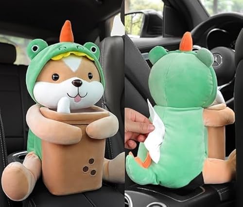 Fegson車 ゴミ箱 カー用品 車内 ティッシュケース 収納ボックス 車 シートバックポケット 車 アクセサリー 車載用2in1ゴミ箱 PP製 ぬいぐるみのようなかわいいアニメのフィギュア 車 フリップトップアームレストボックスに最適 (H)