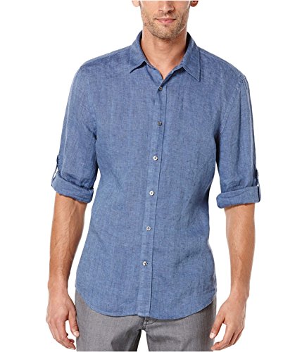 Perry Ellis Camisa Abotonada de Manga enrollada 100% Lino para Hombre, Delft Blue, X-Large