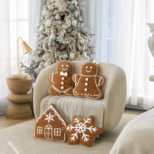 Image of HunnmingRe 4 Pcs Christmas Throw Pillows Fall Football Plush Pillows Winter Holiday Cushion Soft Decorative Cushions for Couch Bedroom Living Room Thanksgiving Xmas Decor(Caramel,Gingerbread)