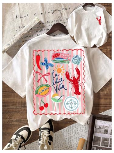 Image of RoseSeek Women's Graphic Letter Tee Crew Neck Drop Shoulder Trendy Summer T Shirt Short Sleeve Vintage Car Print Top