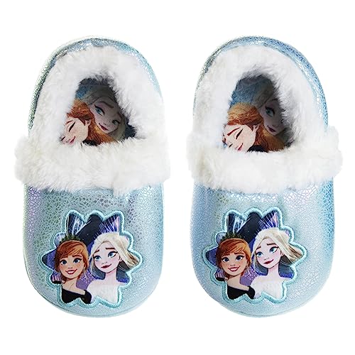 Disney Girls Frozen Slippers - Plush Fuzzy Elsa and Anna Slippers with Non-Skid Soles (Toddler/Little Kid) Size 5/6 Blue White Crinkle