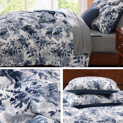 CASAAGUSTO Full Comforter Set, 7 PCS Navy Blue Floral Comforter Set with Flowers Leaves Pattern, Soft Velvet Design for Winter Full Size Bedding Set(80"X90")