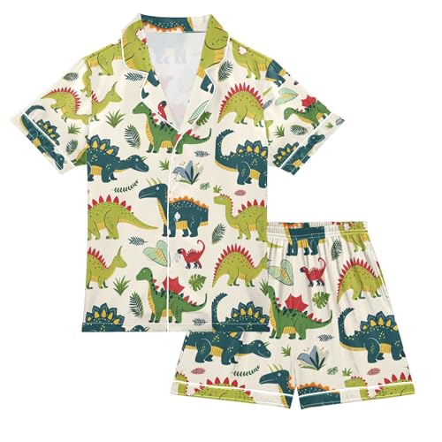 senya Dinosaur Green Satin Summer Pajama Sets Silk Short Sleeve Button Down Sleepwear
