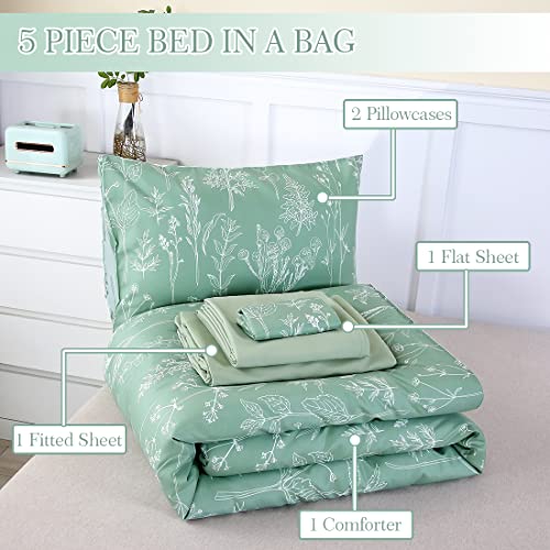 Urbonur Sage Green Comforter Set Full Size, Botanical Floral Plant Bedding Set, 5-Pieces Bed In A Bag Sage Comforter With Sheets Set, Lightweight All Season Bedding Comforter Sets #TOP1