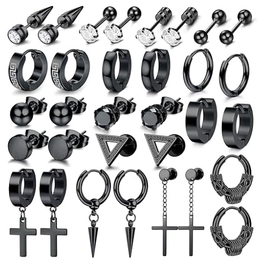 Dochais 16 Pares Pendientes de Aro para Hombre - Set de Acero Quirúrgico con Cruz Colgante Negro y Circonitas en Plata, Diseño Punk | Ya disponible en tu tienda friki favorita! En mundofriki.es!