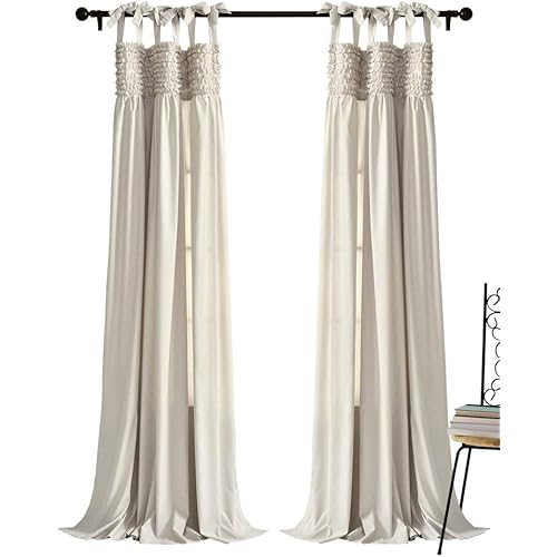 Lush Decor 16T004282, Neutral Lydia Curtains Ruffle Window Panel Set for Living, Dining, Bedroom (Pair), 84” x 40 L